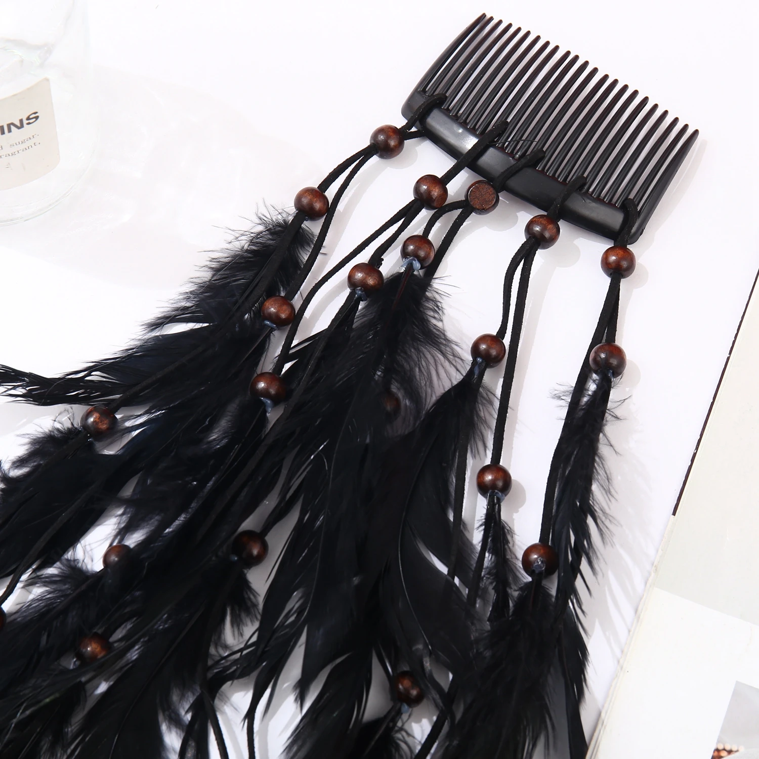 1 black handmade beaded Bohemian ethnic style feather hair clip headpiece for holiday decoration