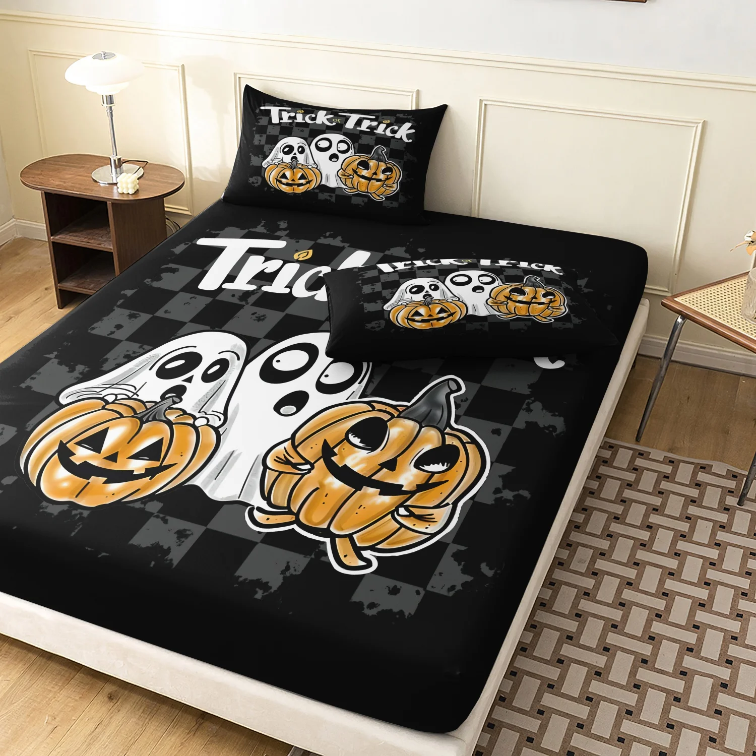 3Pcs Retro Grunge Trick Or Treat Halloween Print Fitted Sheet Set, Black Gray Worn Checkered Ghost Pumpkin Print Bedding