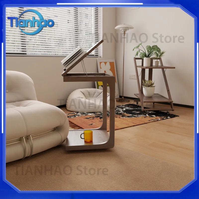 C-Shaped Movable Side Table for Sofa Bedside with Flip Top and Casters for Living Room Small Tea Table End Table