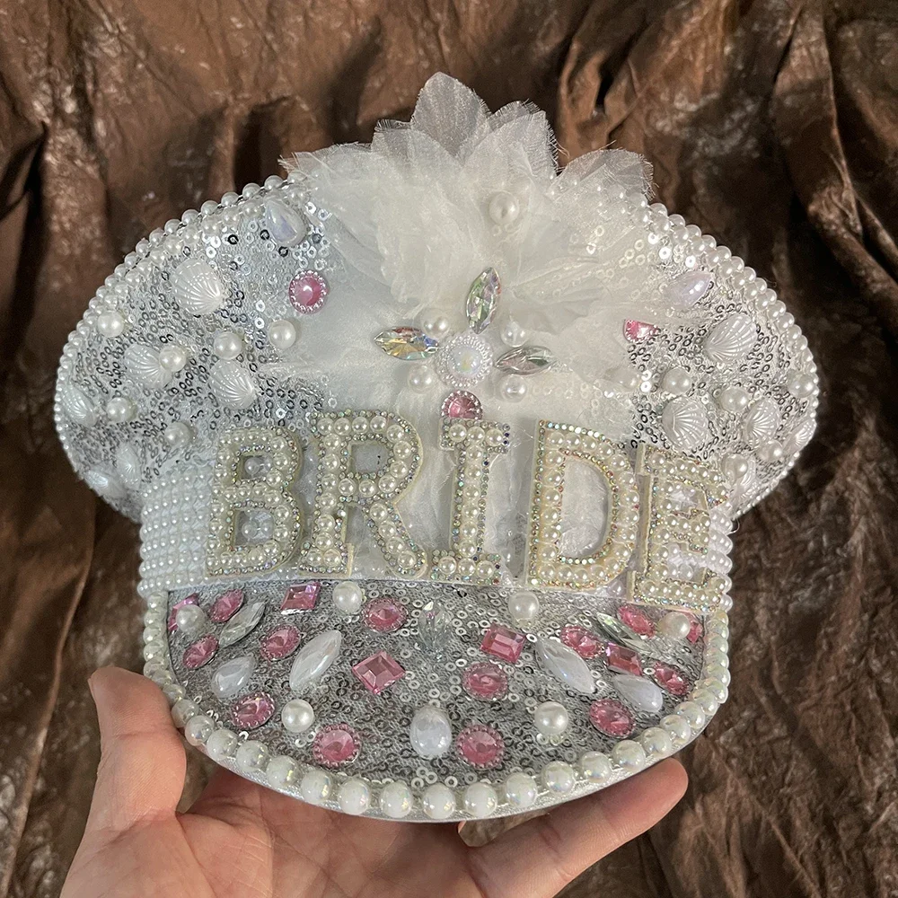 Women Bride Military Hat Flower Sequin Burning Bridal Captain Sergeant Hat Luxury Rhinestone Festival Birthday Part Hen Do Hat