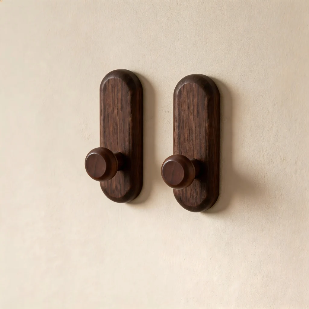 1/2-Pcs Walnut Solid Wood No-Drill Hooks, for Wall & Door, Holds Coats, Hats, Keys & Kitchen Tools, Perfect for Entryway