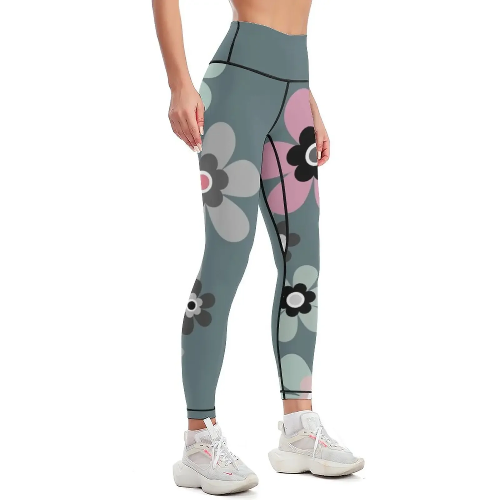 Graphic floral flower vine design pattern in pink dusky turquoise Leggings sporty woman push up Pants sport Womens Leggings