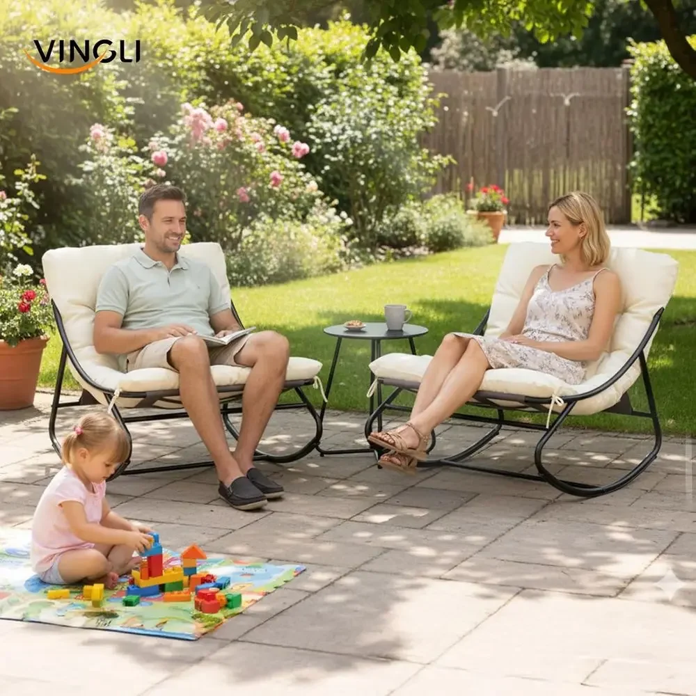 Heavy-Duty 400 lbs Capacity White Padded Outdoor Indoor Rocking Chairs Set of 2 with Side Table