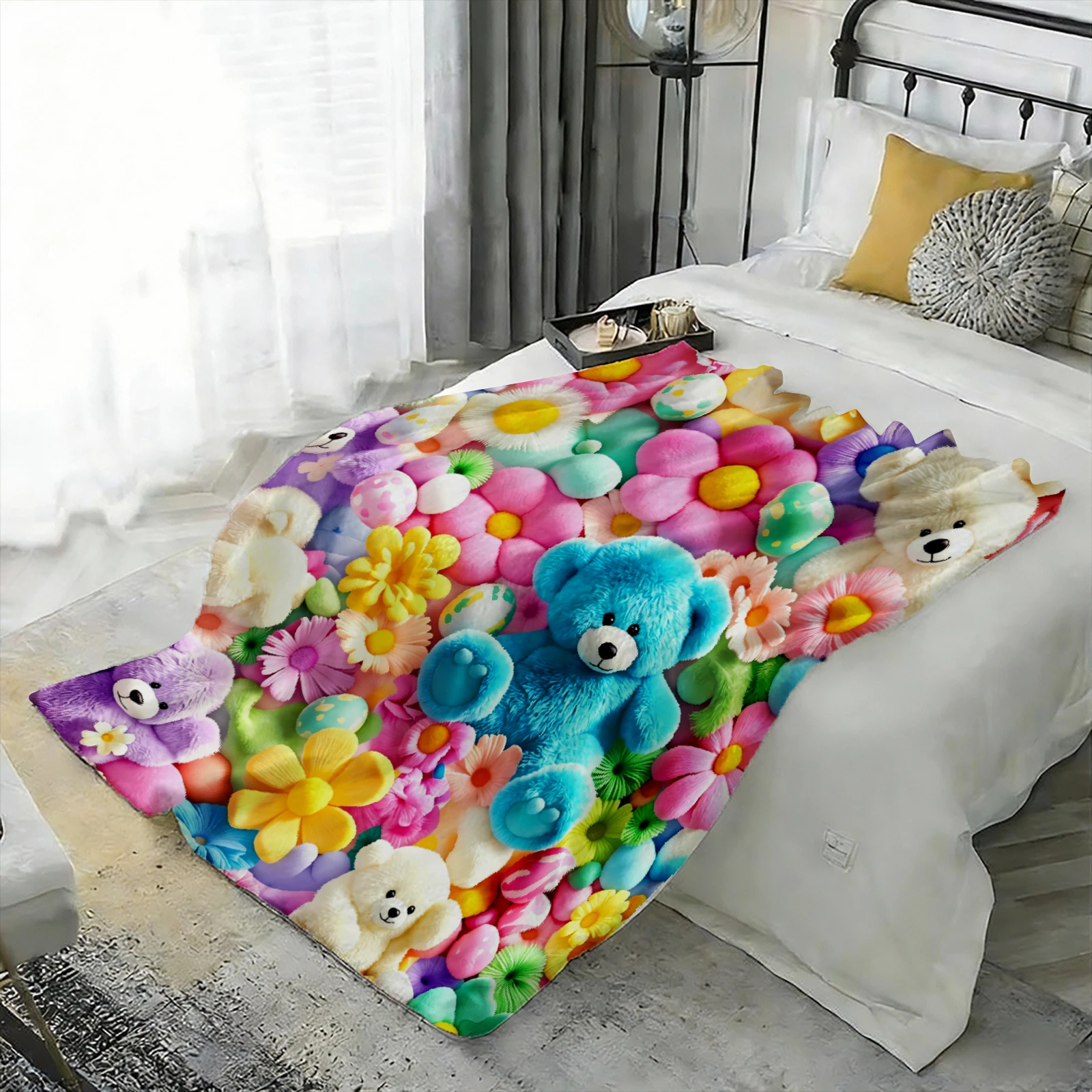 Flannel Blanket Cute Colorful Bear Floral Print Throw Blanket Soft Warm Kawaii  Vision Plush for Sofa Bed Work Home Decor Gift