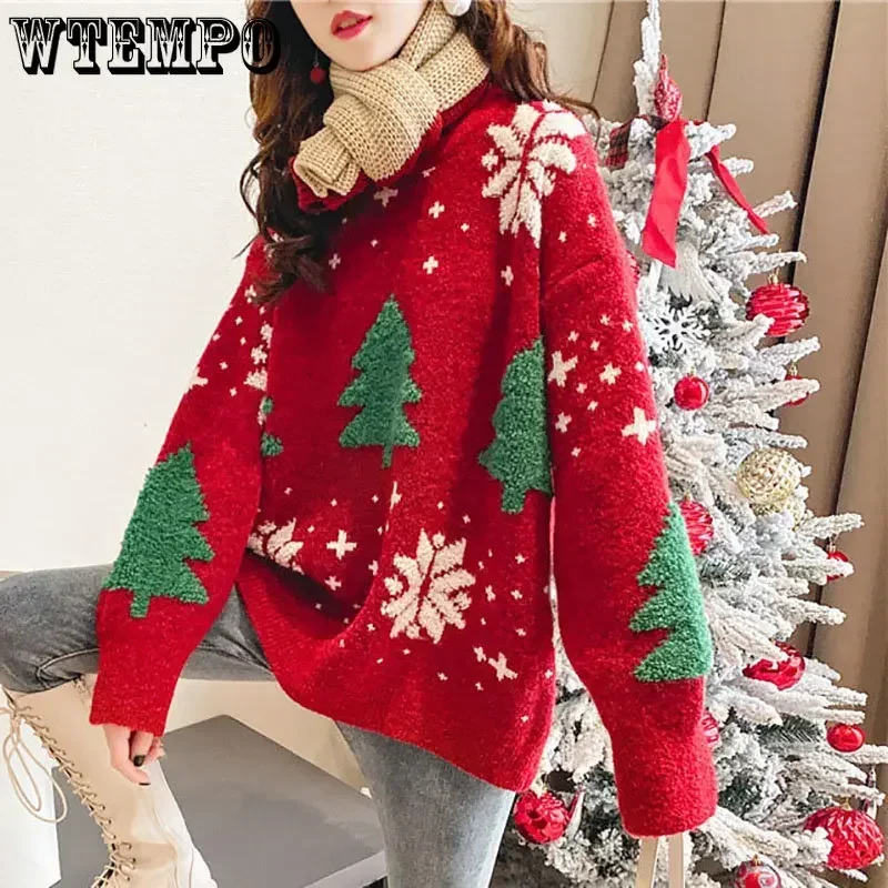 

WTEMPO Christmas Sweaters Women Loose Spring Autumn Thick Knitted Pullovers Winter Solid Snowflake Tree Pattern Warm Jumpers