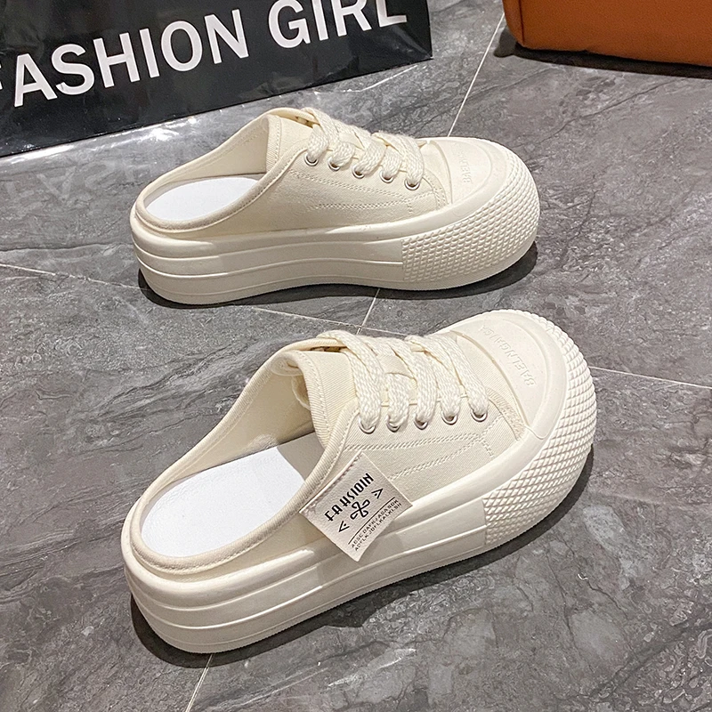 CRLAYDK damskie płócienne muły na platformie modne sneakersy na co dzień wsuwane luźne zjeżdżalnie wygodne buty zwiększające wysokość chodzenia
