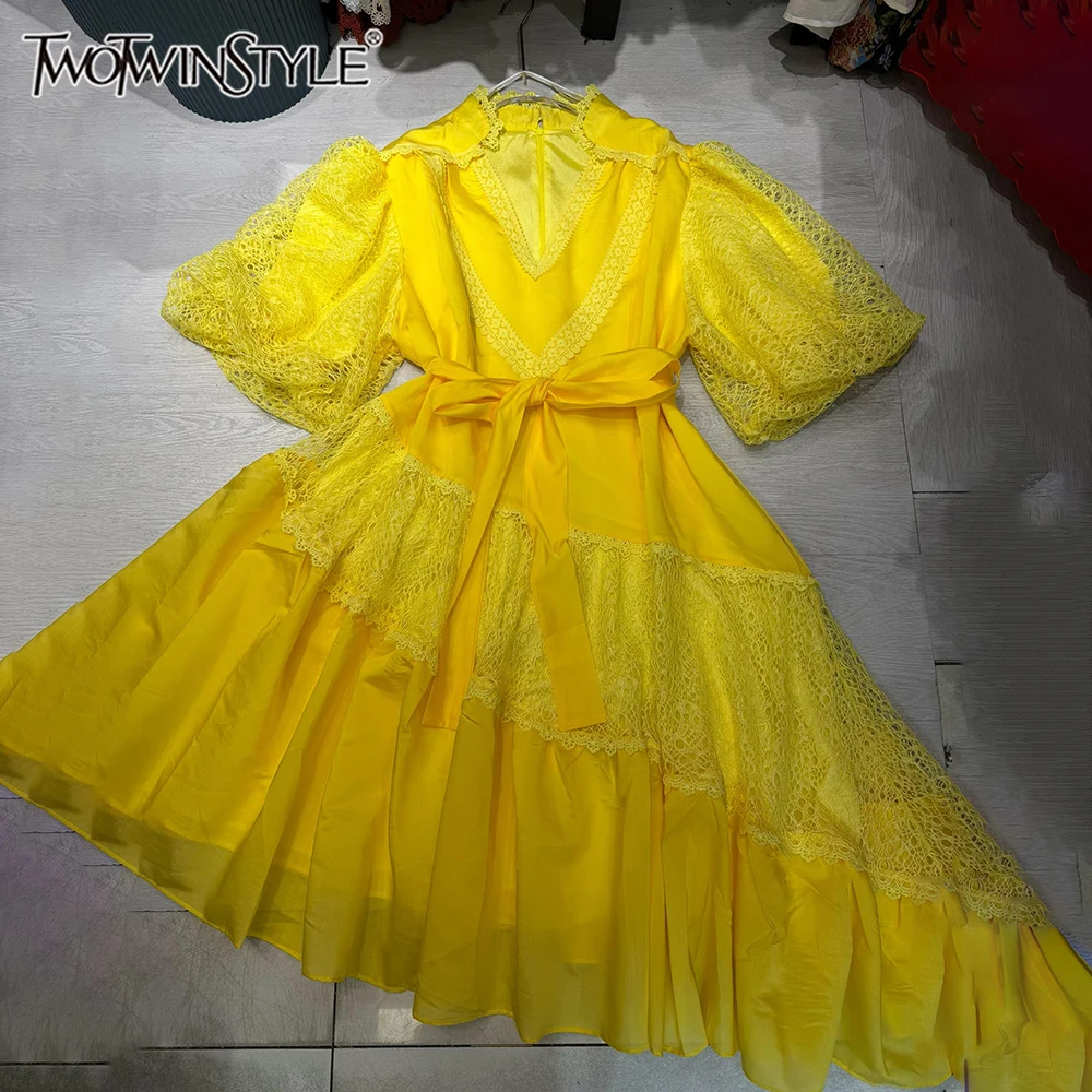 TWOTWINSTYLE Vacations Bright Yellow Lace Trim Maxi Dress for Women V Neck Puff Sleeve Waist Cinched for Garden Party KDR562895