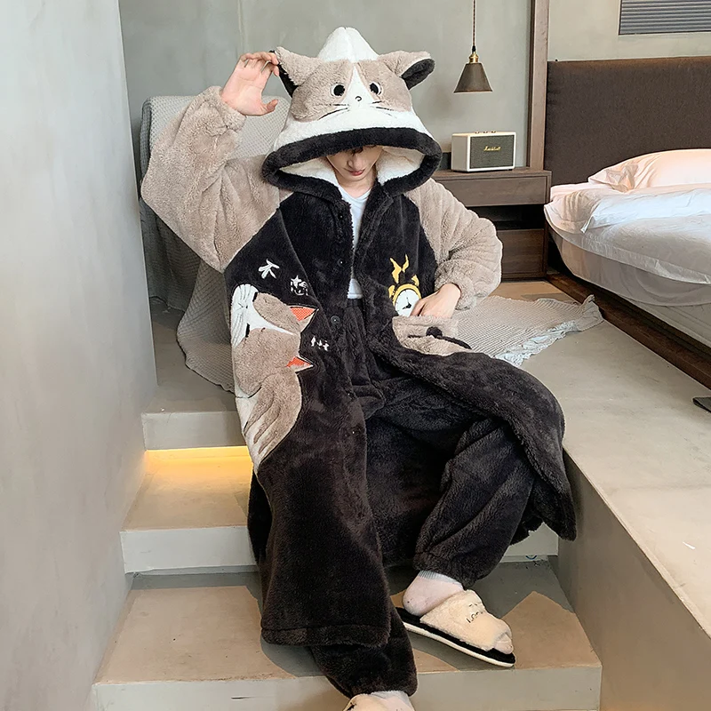 Winter Men Pajamas Long Robe Sleepwear Thicken Warm Nightgown Cartoon Cat Men's Pajamas  Homewear Soft Comfortable Night Clothes