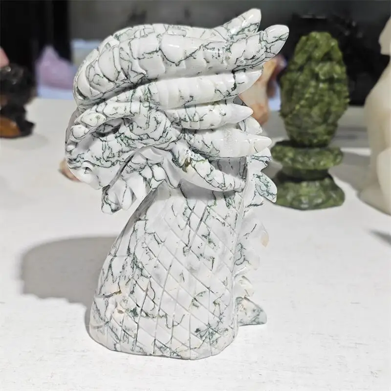 Natural Moss Agate Dragon Head Carving Healing Stone Energy Gemstone Cute Home Office Decoration Gift 1PCS