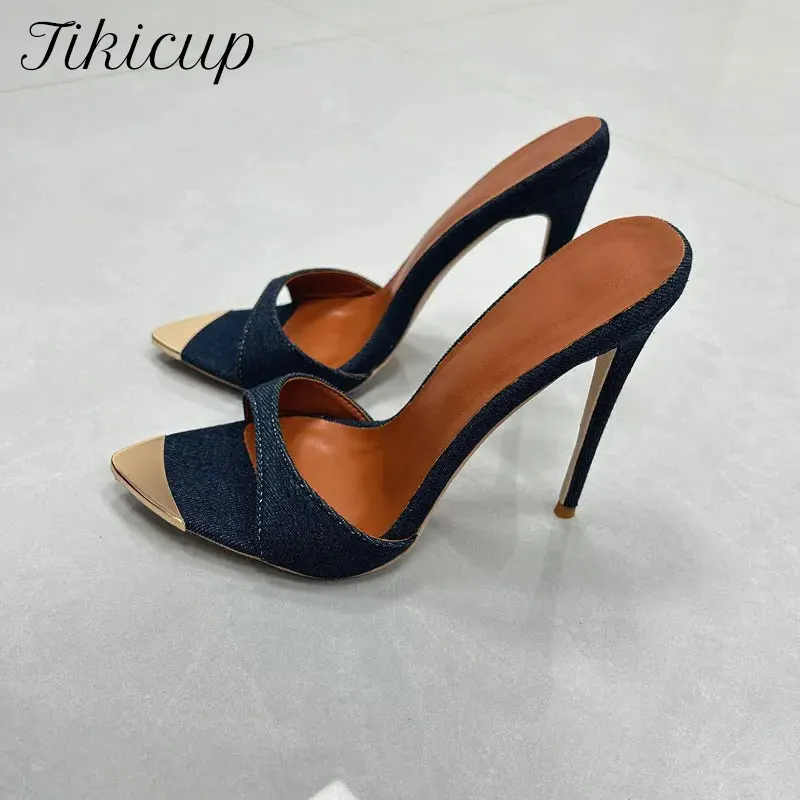 Tikicup Denim Mule Heels for Women Pointed-Toe Slide Sandals with Metallic Toe High Stiletto Heel,Open Back Design Sexy Slipper