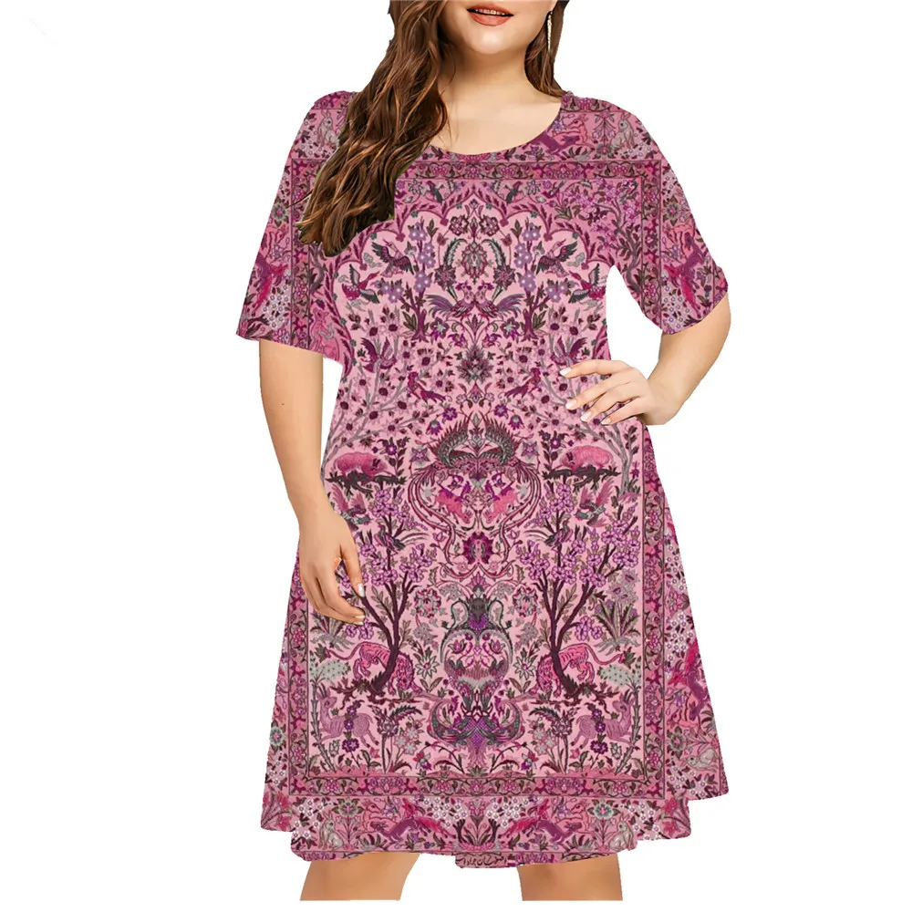 Ethnic Style Pattern 3D Print Dress Women Plus Size Casual Short Sleeve Loose A-Line Dress Summer Vintage Ladies Large Sizes 6XL