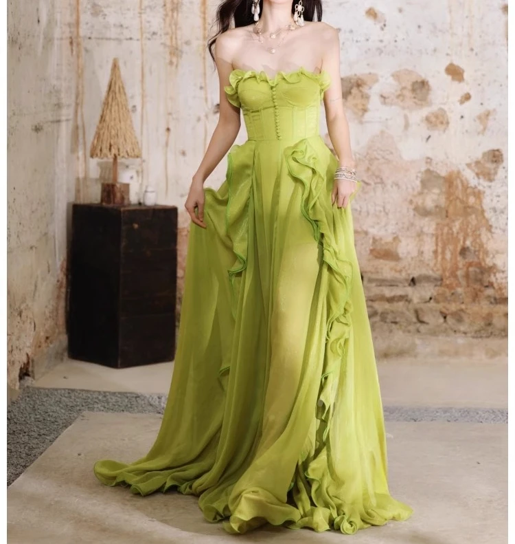 green strapless sleeveless elegant women dress lace-up summer holiday party clothing lady ruffles maxi vestidos bodycon