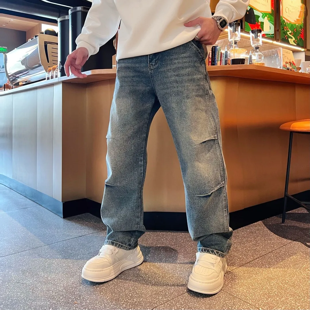 

Retro Waed American Casual Faionable Men's Straight Leg Elastic Waist Jeans Youthful Sle Four Seasons Wear Resistant