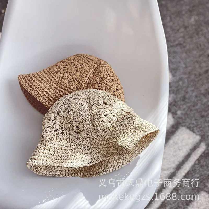 Korean style children straw hat summer girls baby outing sun hat retro pattern sunscreen straw basin hat infant Fisherman