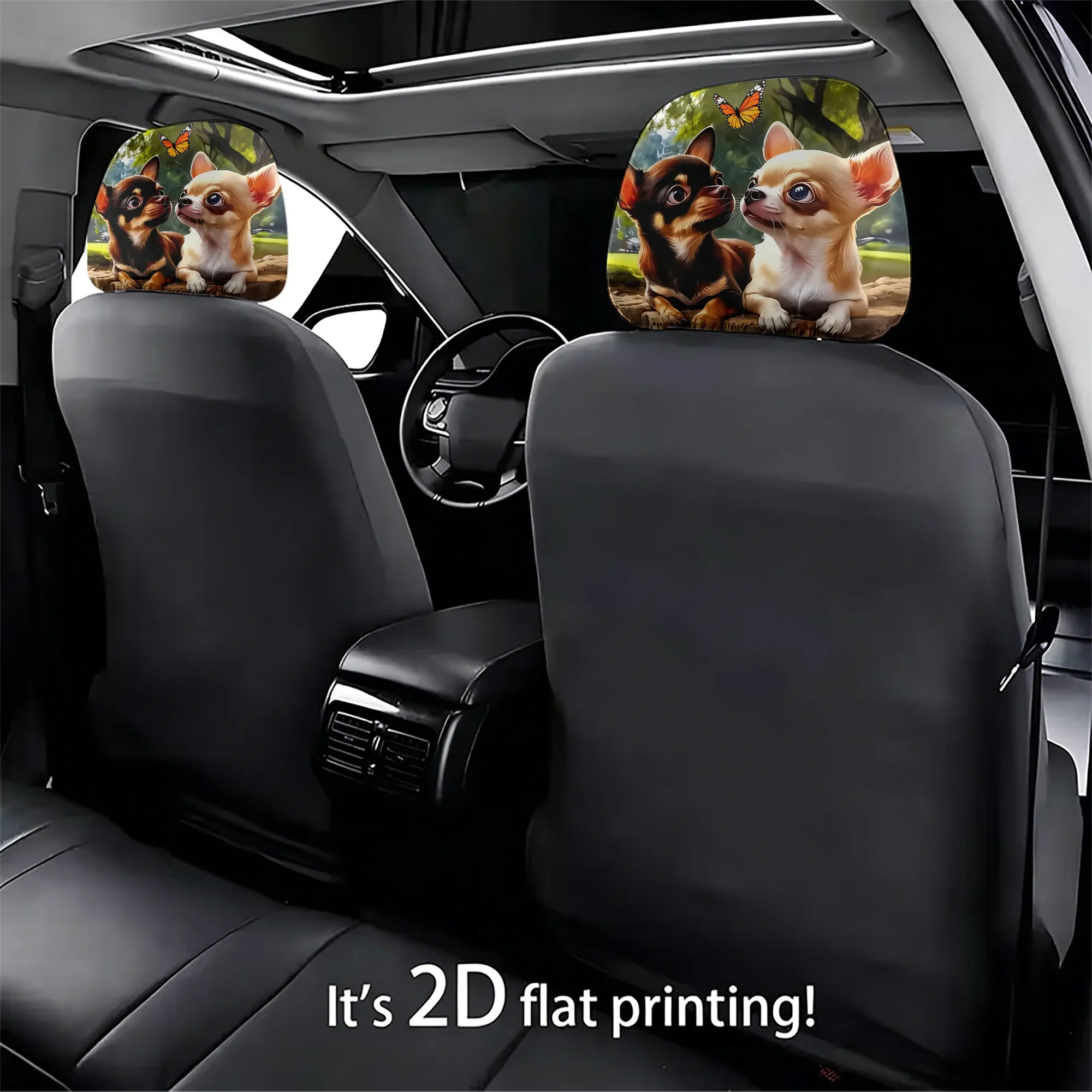 2pcs cute Chihuahua and butterfly-patterned car headrest covers to decorate your car interior. Not filled. Easy to install.