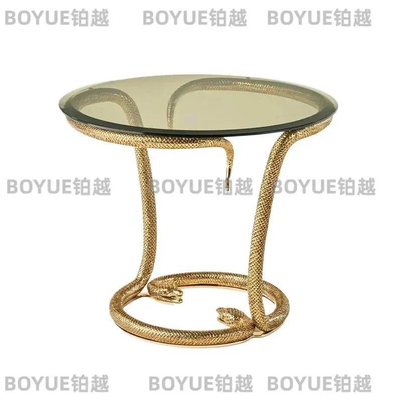 Modern Luxury Pure Copper Snakehead Edge Side Table Tempered Glass Top Creative Corner Sofa End Table for Living Room Decor