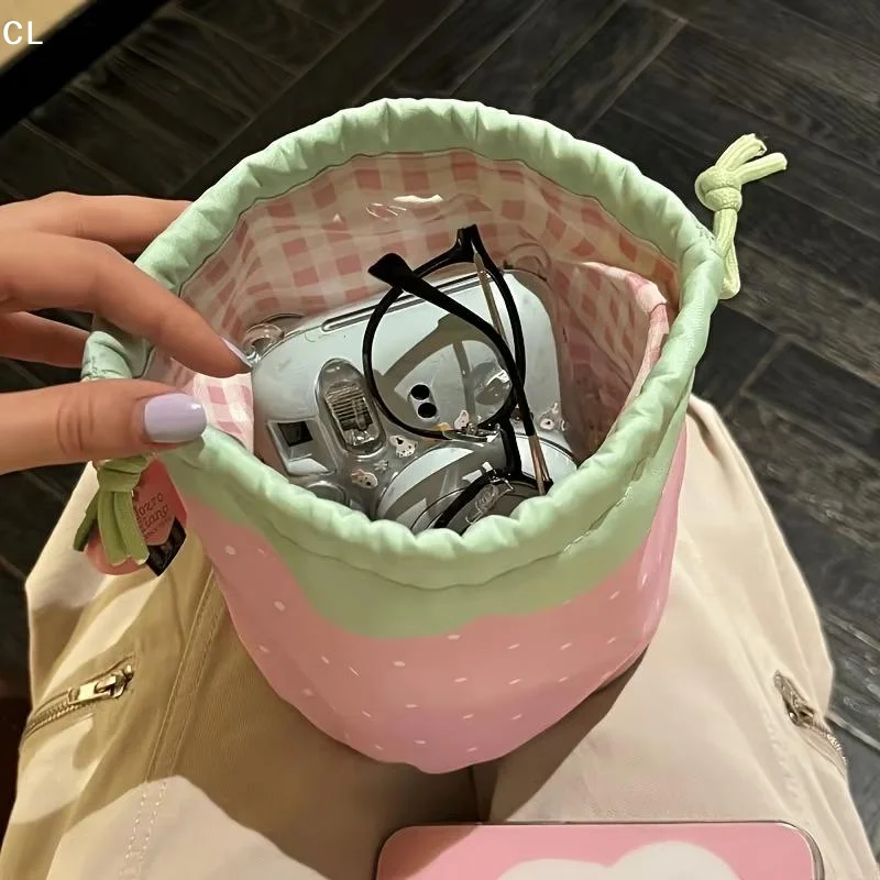 AttireTrove1Pcs Polka‑Dot Cosmetic Makeup Pouch Cute Strawberry Drawstring Storage Bag Portable Travel Toiletry Organizer Bag