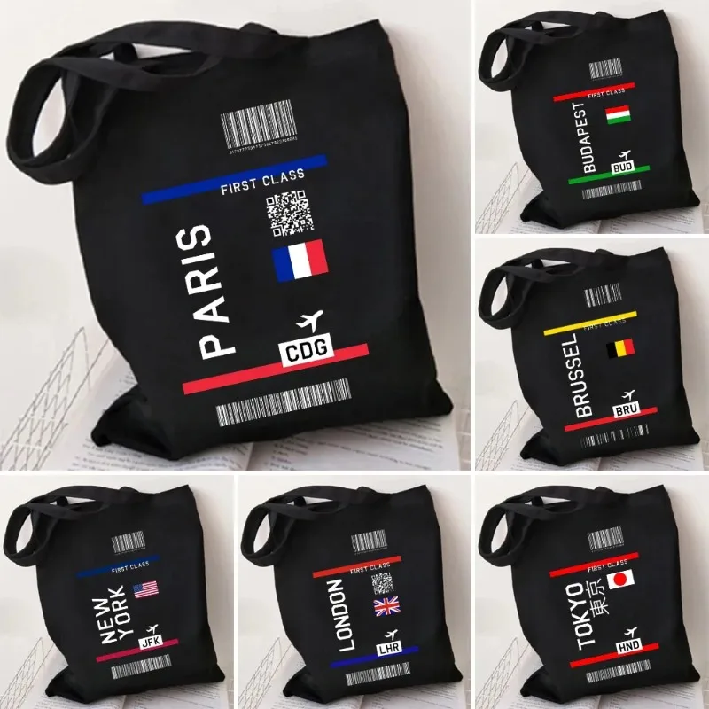 

Paris New York London Canvas Shoulder Bag Flight Ticket First Class Women Black Handbags Totes Eco Reusable Cotton Shopping Bags