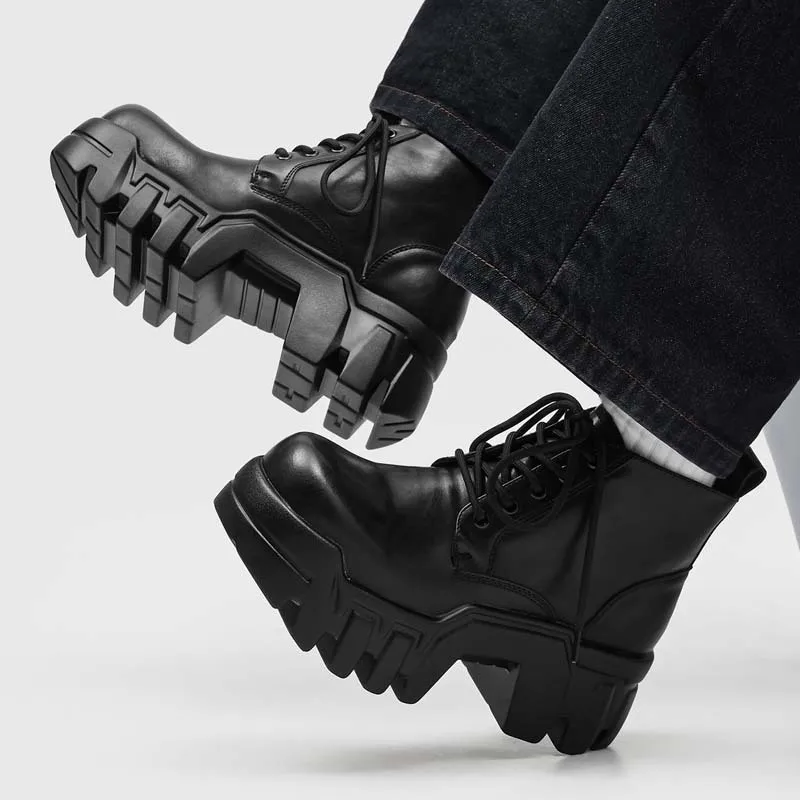 men fashion punk gothic platform boots lace-up natural leather shoes cowboy chunky boot black designer cool ankle botas hombre