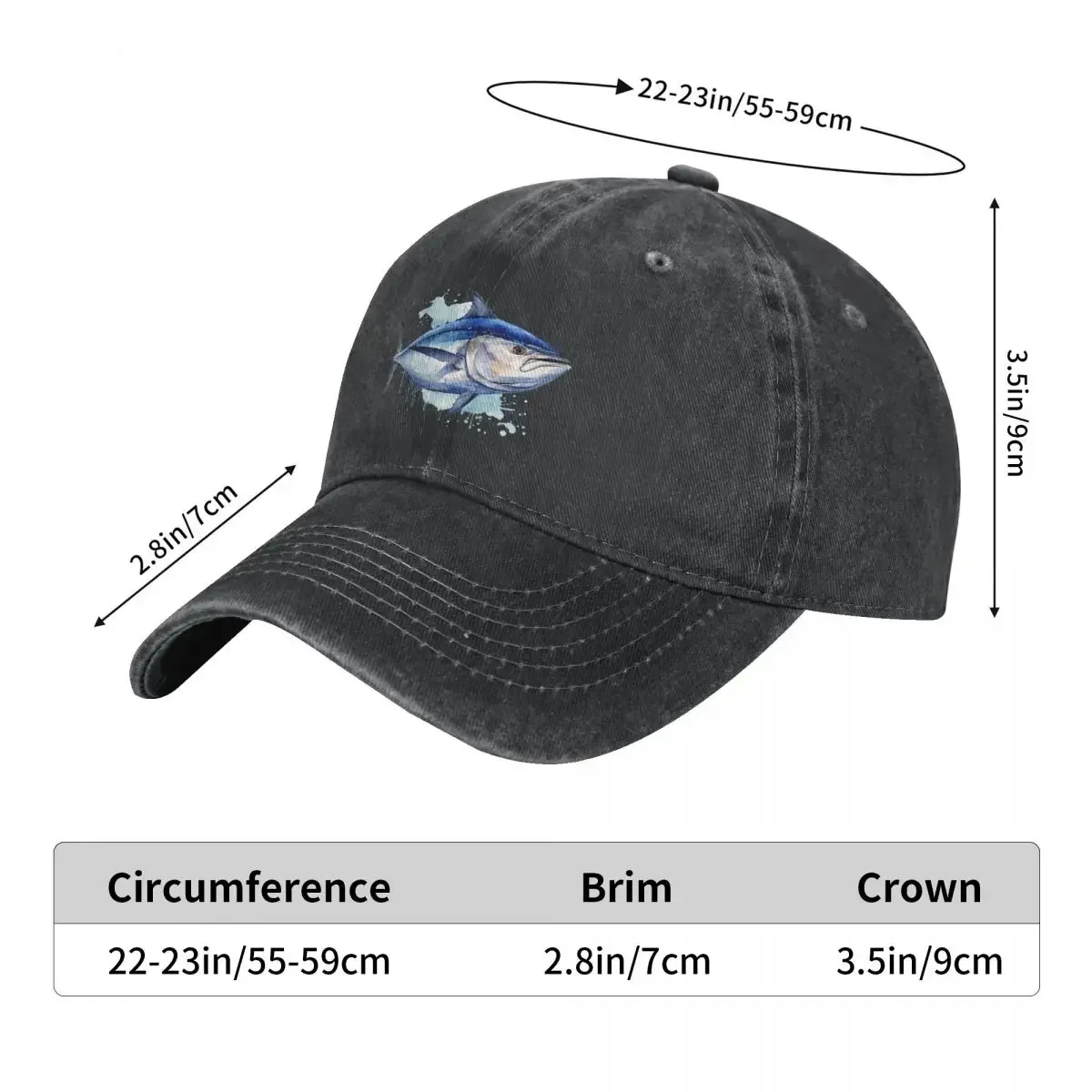 Bluefin Tuna Watercolor Painting Baseball Caps Denim Fabric Hats Outdoor Adjustable Casquette Streetwear Baseball Cowboy Hat