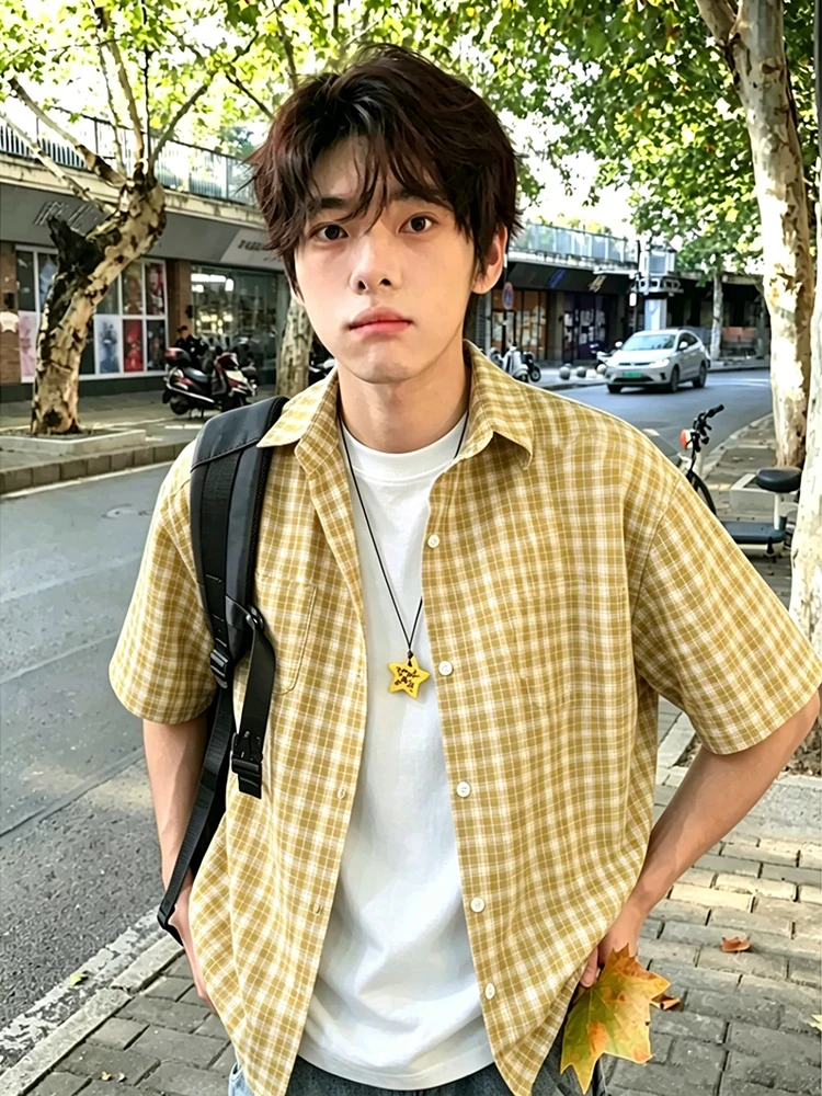 Dopamine Lemon Yellow Plaid Short Sleeve Shirt Men Summer Teenager Style Layering Jacket Casual Loose Fit Button up