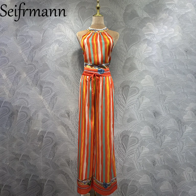 

Seifrmann 2026 Spring Women's New Fashion Hanging Neck Collar Bareback Striped Top+Waist Elastic Pants Set