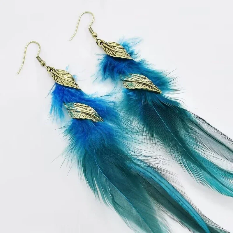New Ethnic Style Bohemian Feather Earrings Tassels Long Retro Color Earrings for Women Jewelry