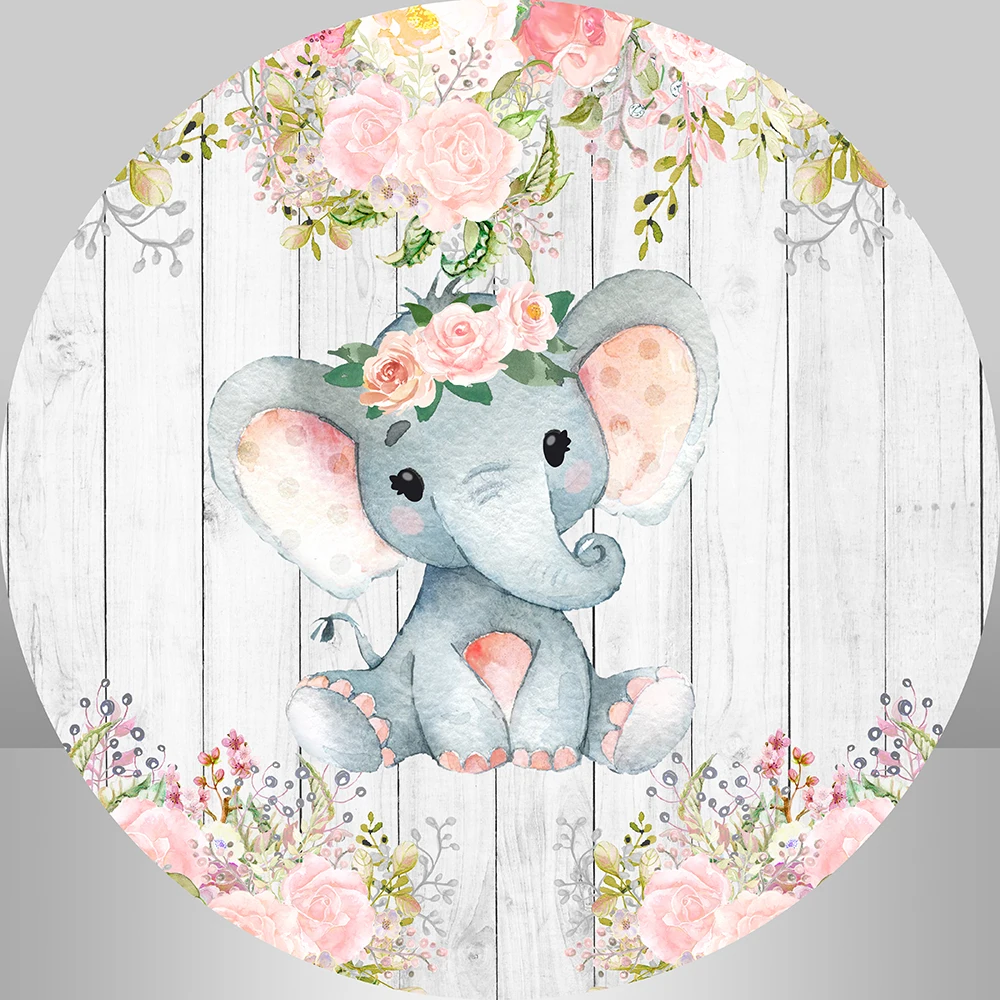 Baby Elephant Round Backdrop for Kids Birthday Party Table Decoration Custom Pink Flower Wood Theme Cylinder Cover Background