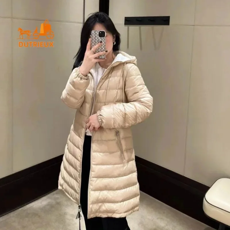 New Winter Down Jacket for Women Long Zipper with Hood 90% White Goose Loose Version Windproof Warm Coat