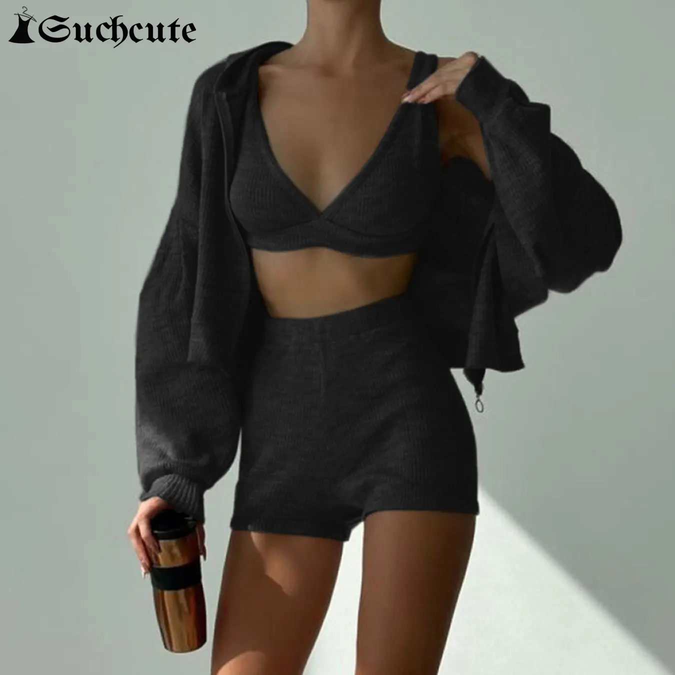 

SUCHCUTE Sporty Casual Solid 3 Piece Set Women Crop Vest Hoodie Coat &Bra&Mini Short Sportswear 3PCS Outfits Matching Set Female