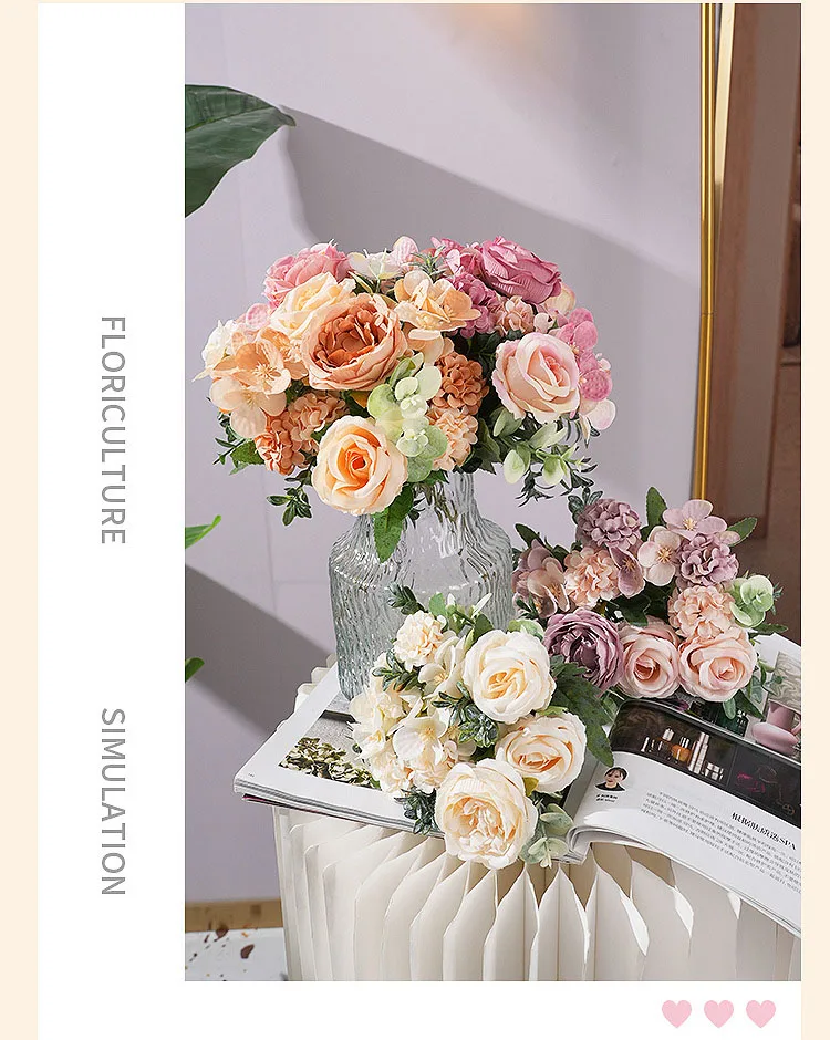 Künstliche Pfingstrose, Hortensien, rosa Rosen, Blumenstrauß, Seidenblumen für Hochzeit, Party, Blumenstrauß, gefälschte Blumenarrangements, Heimdekoration – Detail 12