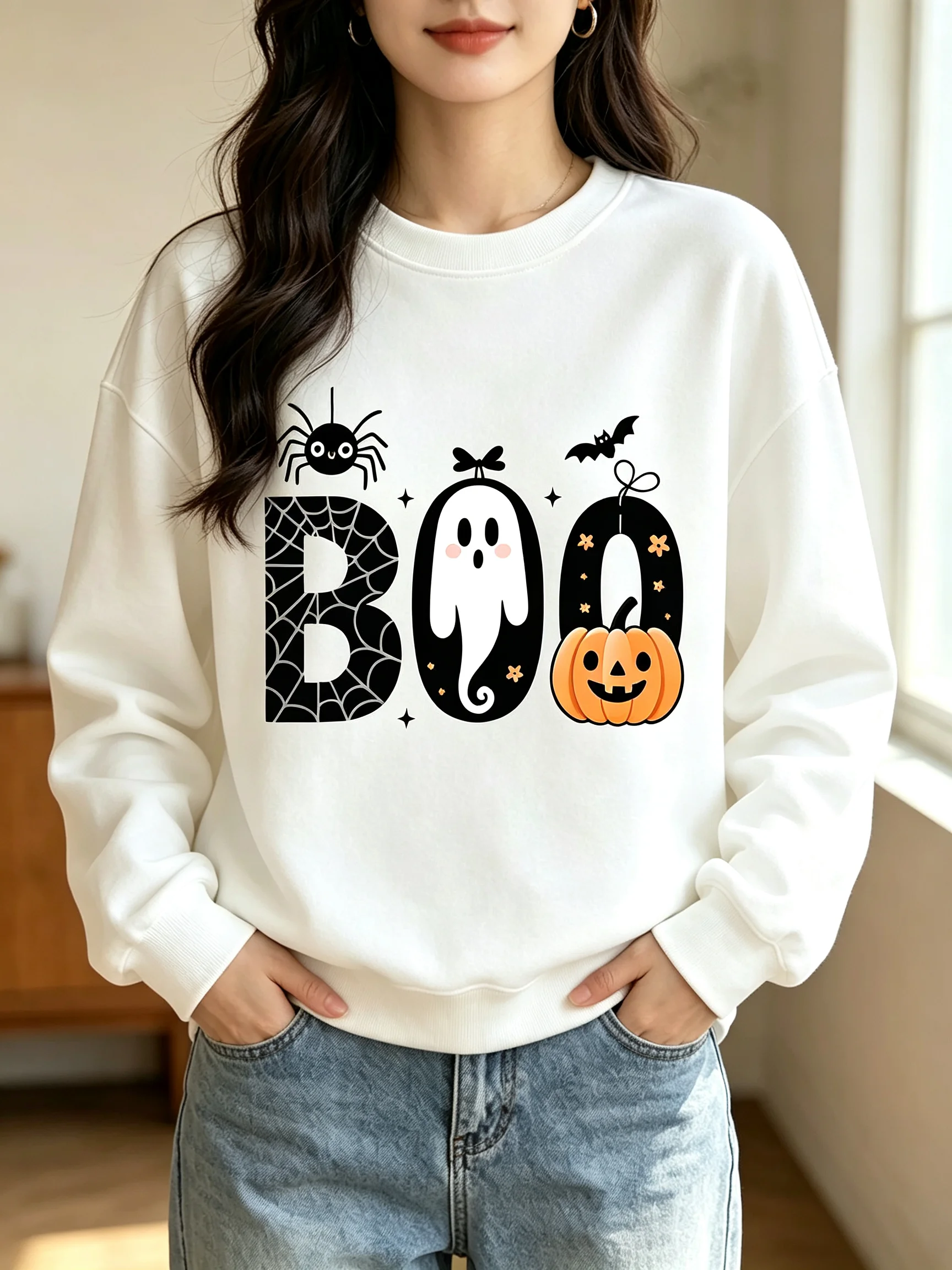 Women Crew Neck Sweatshirt BOO Ghost Pumpkin Spider Bat Graphic Pullover Casual Halloween Fall Long Sleeve Party Tops