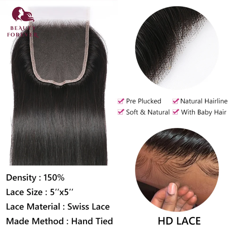 Beauty Blijvend 4X4 Vetersluiting Diepe Afscheid 5X5 Hd Vetersluiting Straight Braziliaanse Haar Pre-geplukt Huid Melt Vetersluiting