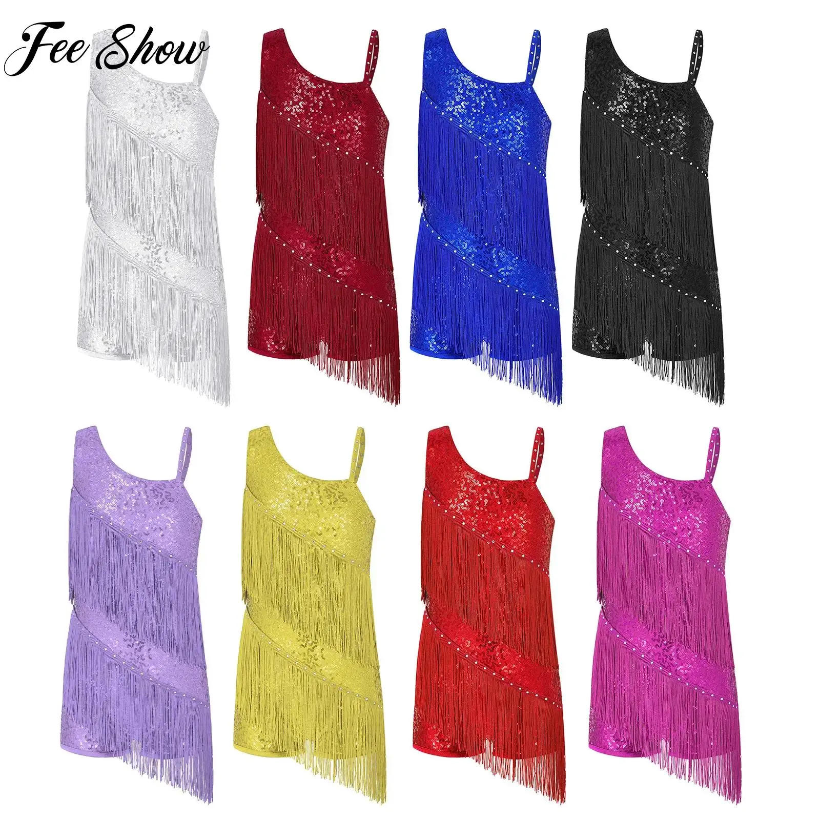 

Kids Girl Shiny Sequins Latin Dance Leotard Dress Oblique Shoulder Tassels Leotard for Samba Rumba Cha-cha Dance Gym Performance