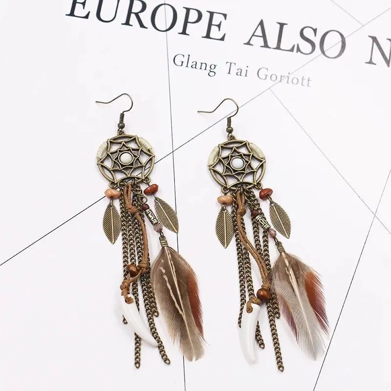 Boho Tribal etnico Vintage Dream Catcher piuma foglia lunga nappa orecchini pendenti gioielli per le vacanze delle donne