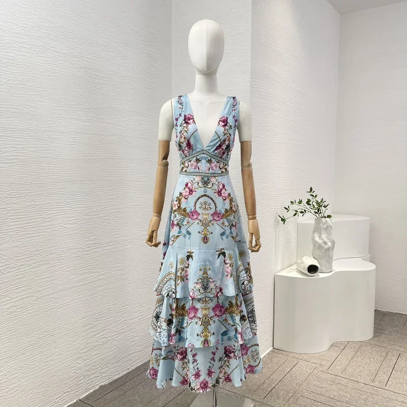 Blue Summer Collection Vintage Floral Print Sleeveless 2024 Silk Bow Tie Top Quality Cake Stacking Pleats Midi Dress for Holiday