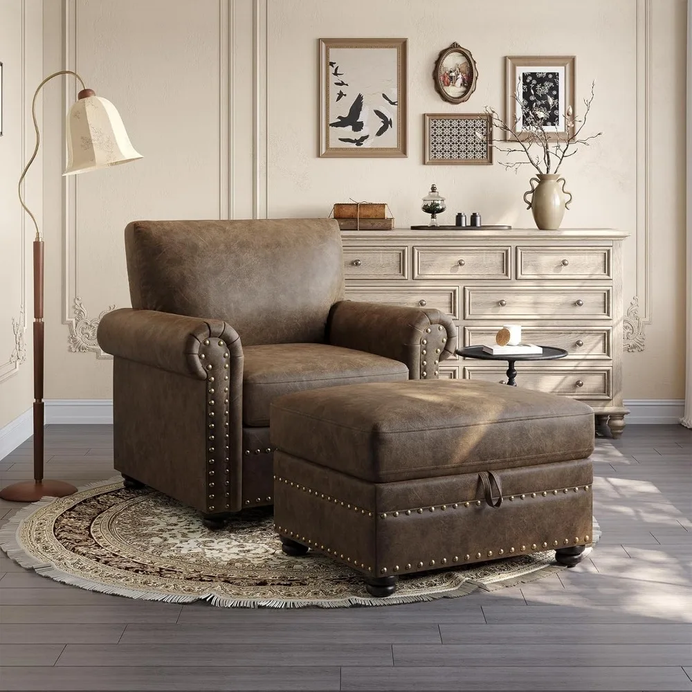 كرسي أنيق من الجلد الصناعي مع حواف رأس أظافر لغرفة المعيشة، كرسي بذراعين من القطيفة على أرجل خشبية صلبة #6