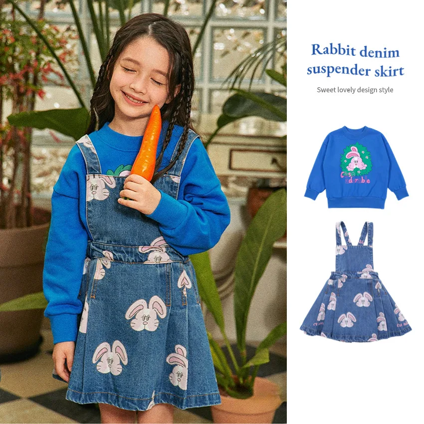 

Spring/Autumn 2024 New Children Clothing College Style Girls Boys Bunny Print Denim Dress For Kids Comfortable Student Dress