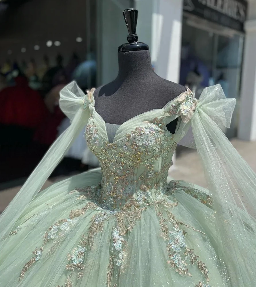 Vestidos de Quinceañera de princesa Verde menta, vestido de baile sin hombros, apliques dulces 16, 15 Años, mexicano