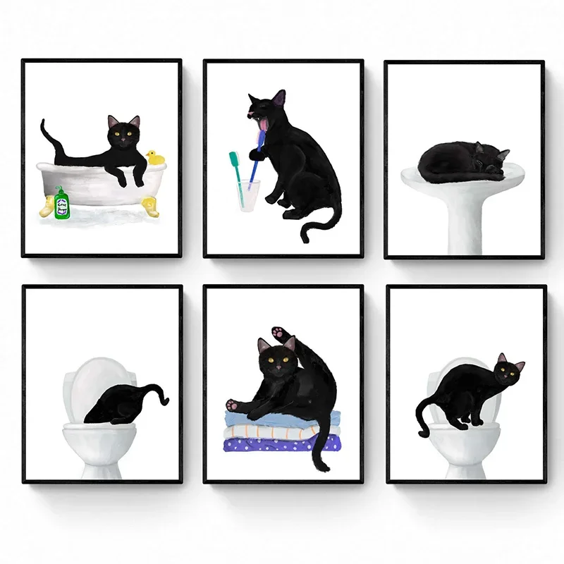 Funny Cute Black Cat In Bath Wall Art Prints Nordic Canvas Painting Posters Cat Lover Gift Pictures for Bathroom Home Decoration