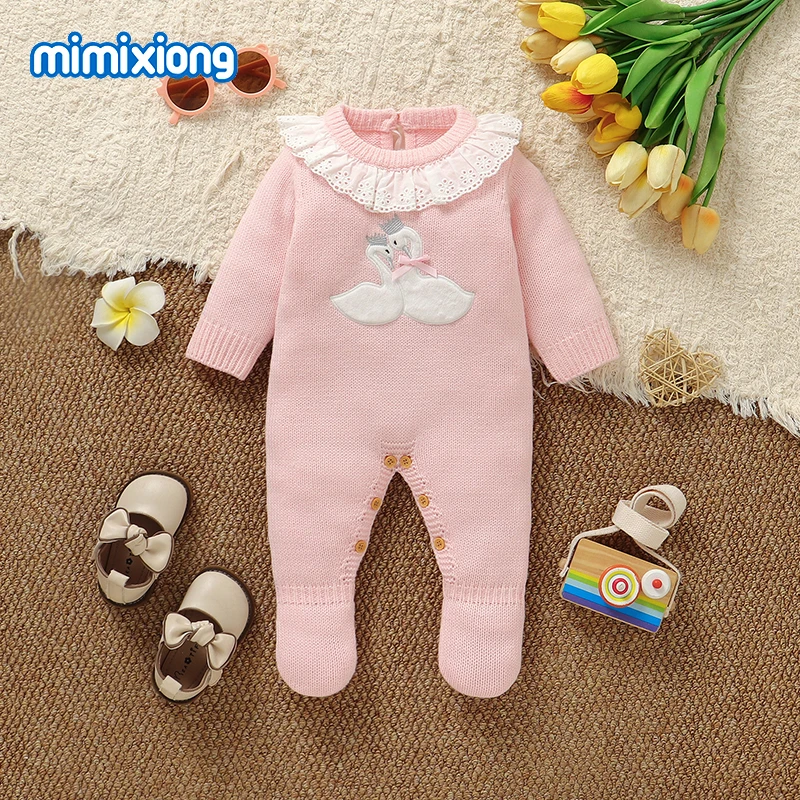 

Baby Girls Rompers Clothes 0-9m Pink Cute Goose Knitted Newborn Infant Jumpsuits One Pieces Long Sleeve Toddler Overalls Outfits