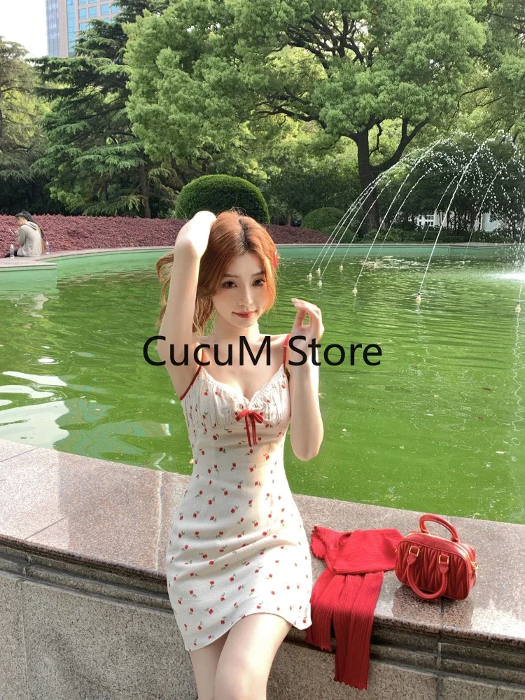 2023 Autumn New Sweet 2 Piece Dress Set Woman Red Short Cardigan Tops + Strap Floral Y2k Mini Dress Party Korean Fashion Suit