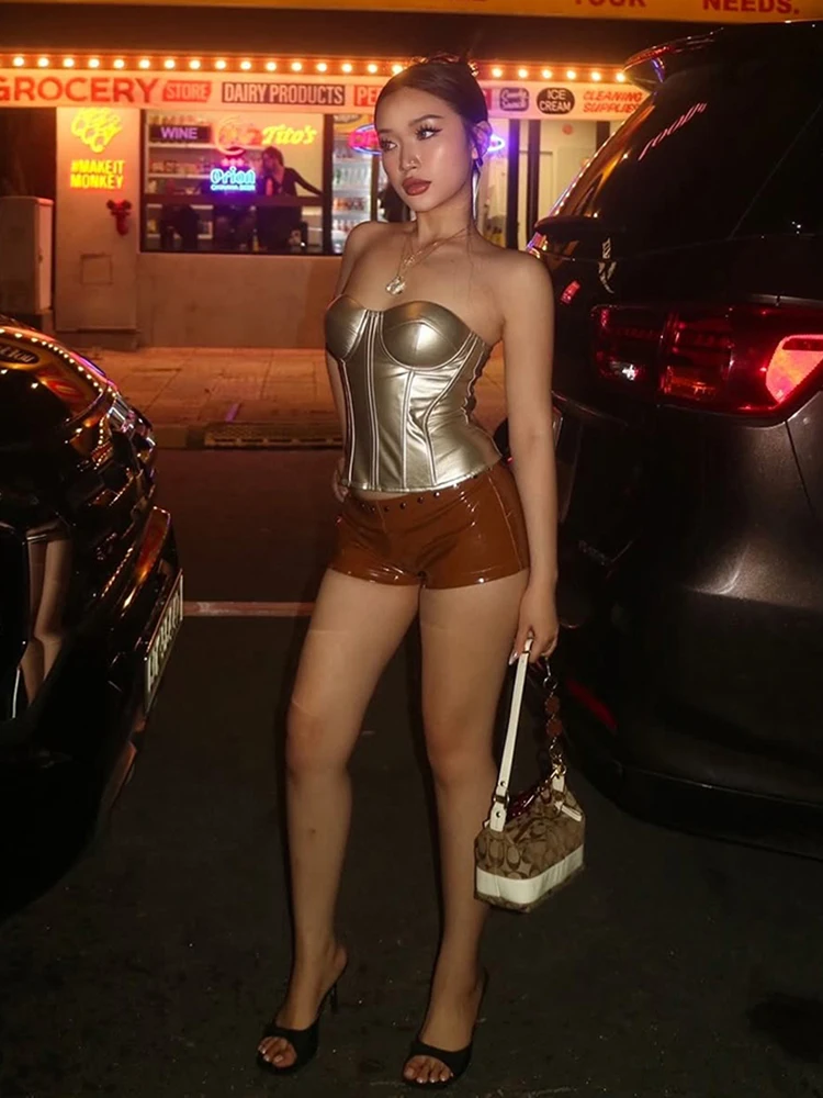 이상한 Puss 가죽 코르셋 탑 여성 우아한 Y2K 트렌드 패치 워크 와일드 기본 자정 섹시한 Hottie 클럽 여름 스키니 튜브 탑