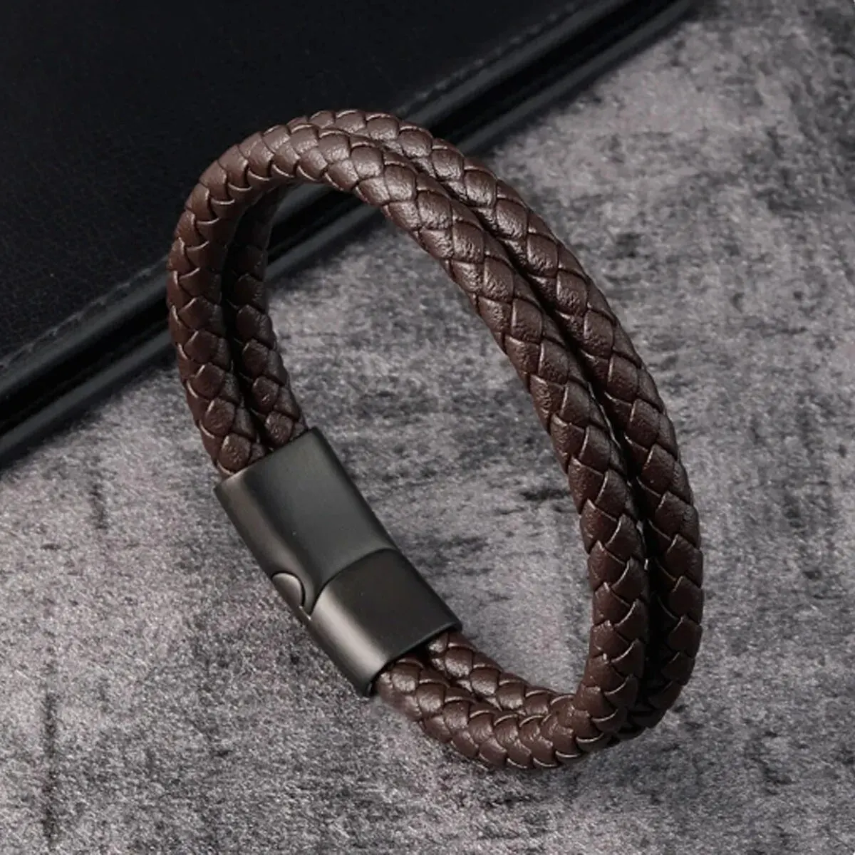 Männer Schwarz Blau Geflochtenes Echtleder Armband Doppelband Armreif – Detail 6