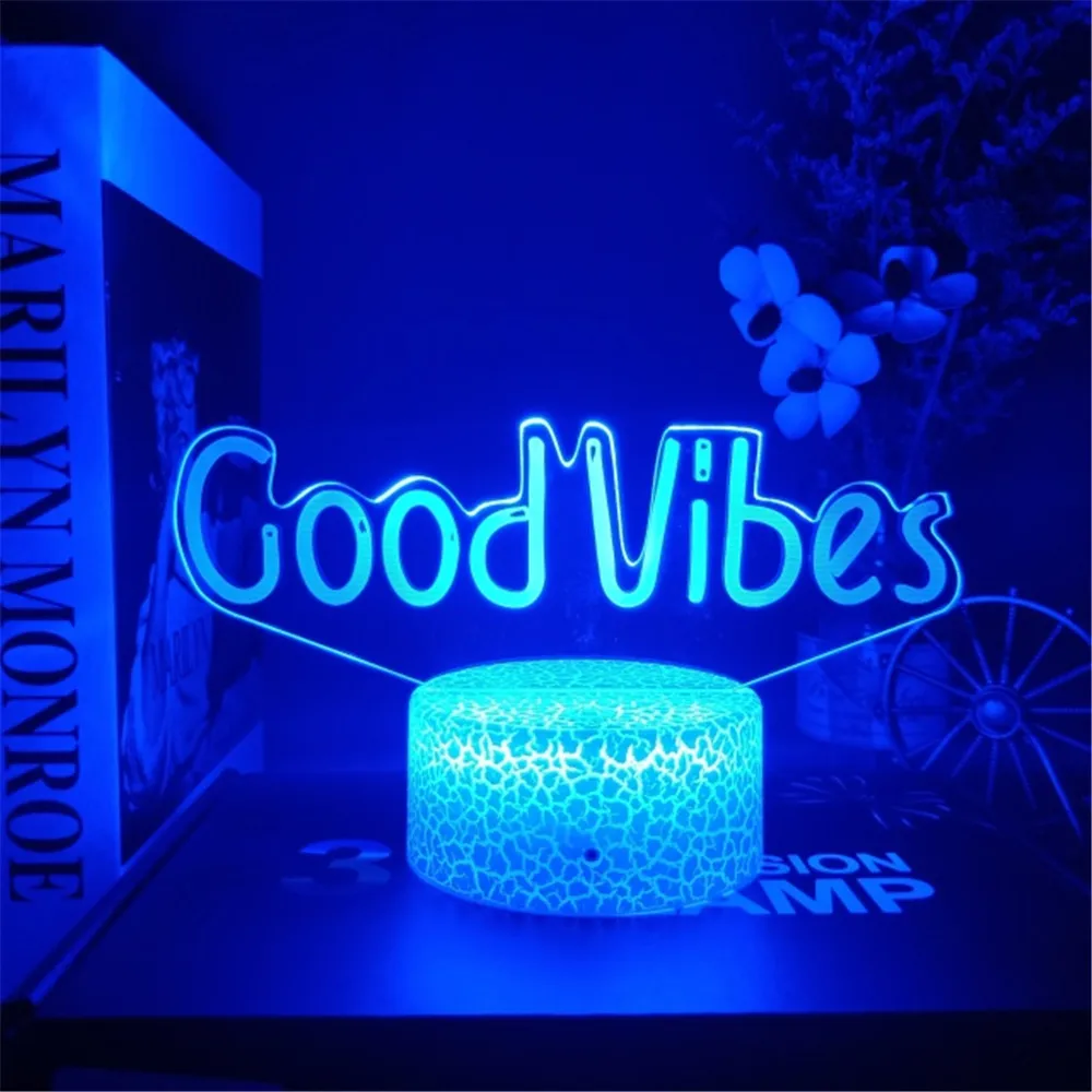 3D LED Night Light Room Decor Good Vibes Dream Open Hello Flash Neon Sign lampada da tavolo per Home Party Wedding Decor 7/16 colori