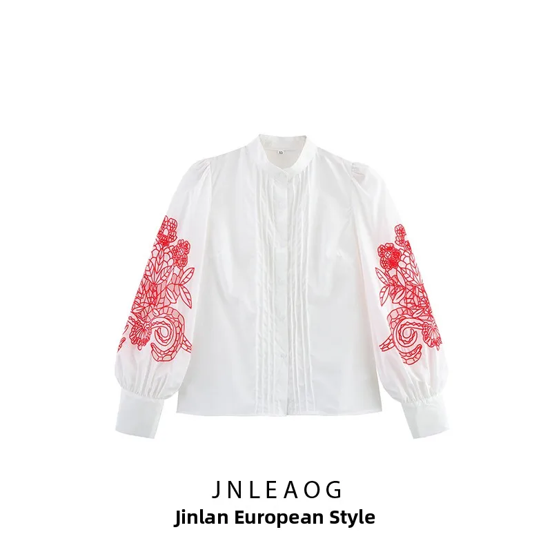 

ZBZA Spring New Women's Faion Design Embroidered Hollow out irt Casual Loose Long Sve Stand Collar Polyester Fiber