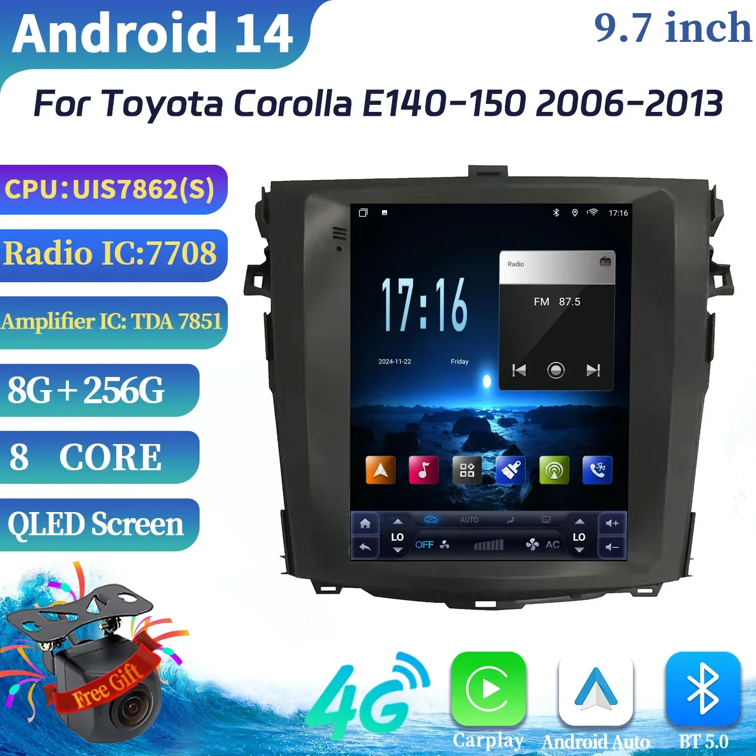 

9.7"Android 14 For Toyota Corolla E140-150 2006-2013 Car Radio Navigation 4G GPS Multimedia Wireless Carplay Screen Stereo