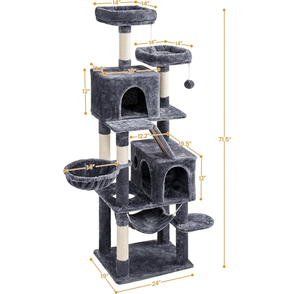Indoor Cat Tower 71.5 Inches Tall, 2 Cozy Condos, 2 Padded Perches, Scratching Posts, Ramp for Cats