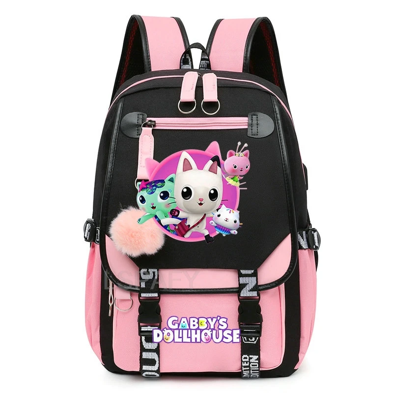 Fashion Gabby\'s Dollhouse Backpack Plush Ball Harajuku Gabby Dollhouse School Bags Women Lovely Girls Canvas Schoolbag Mochlia