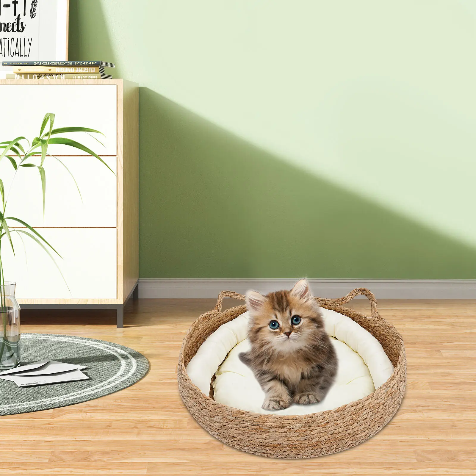 Cat Bed Basket Small Dog Cat House Pet Bed Round Lounge Winter Summer Handmade Wear Resistant with Removable Cushion Pillow